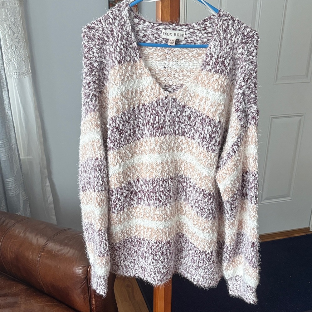 Knox Rose Plush Striped V-Neck Sweater in Cream and Mauve